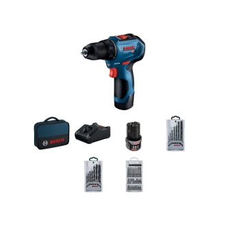   BOSCH Akku-Bohrschrauber GSR 12V-30 in Tasche + Zubehörsets (2 x 2,0 Ah Akku + Schnellladegerät)