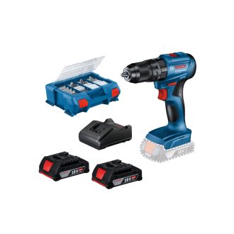   BOSCH Akku-Schlagbohrschrauber GSB 185-LI + 82 r. Zubehör inkl. im Koffer (2 x 2,0 Ah Akkus + Ladegerät