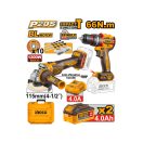 INGCO Akku-Power-Set 20 V Schlagbohrschrauber 66 Nm + Winkelschleifer 115 mm (2 Akkus + Ladegerät)