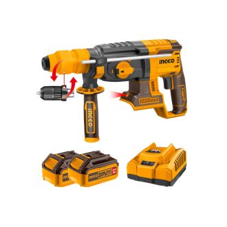   INGCO Akku Kombihammer 2,5 J SDS-Plus / bürstenlos, Schnellwechsel / 20 V (2 x 4,0 Ah Akku + Ladegerät)