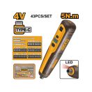 INGCO Akkuschrauber 5 Nm 4 V + 43-teiliger Bit (USB-C aufladbar)