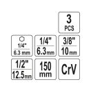 YATO Steckschlüssel-Adaptersatz 3-teilig 1/4" Sechskant -> 1/4", 3/8", 1/2" Vierkant CrV