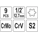 YATO Maschinen-Torx-Bit-Set, 9-teilig, 1/2 Zoll T30-T70 Steckschlüssel-Adapter