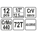 YATO Steckschlüsselsatz 12-teilig 1/2" 10-24 mm CrV