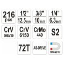 YATO Steckschlüsselsatz 216-teilig 1/4", 3/8", 1/2" CrV
