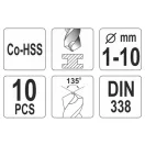 YATO Spiralbohrer-Set 10-teilig 1-10 mm HSS Co