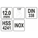 YATO Spiralbohrer 12,0 x 150/100 mm inox HSS Premium
