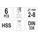 YATO Spiralenbohrer-Set 6-teilig 2-8 mm HSS