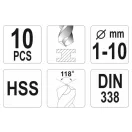 YATO Schneckenbohrer Set 10-teilig 1-10 mm HSS
