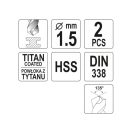 YATO Spiralbohrer 1,5 x 40/18 mm HSS-TiN (2 Stück)