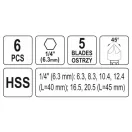 YATO Senker-Set für Metall 6-teilig (6,3-8,3-10,4-12,4-16,5-20,5 mm) HSS mit Bithalter