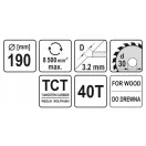 YATO Sägeblatt für Holz 190 x 30 x 3,2 mm / 40T