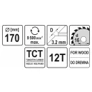 YATO Sägeblatt für Holz 170 x 16 x 2,2 mm / 12T