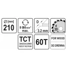 YATO Sägeblatt für Holz 210 x 30 x 2,2 mm / 60T