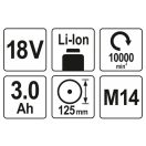 YATO Akku-Winkelschleifer 125 mm 18 V Li-Ion (2 x 3,0 Ah Akku + Ladegerät)
