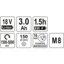 YATO Akku-Exzenterpolierer 150 mm ohne Kohlebürste 18 V Li-Ion (1 x 3,0 Ah Akku + Ladegerät)