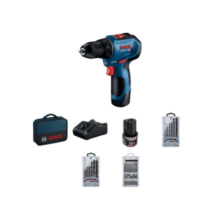 BOSCH Akku-Bohrschrauber GSR 12V-30 in Tasche + Zubehörsets (2 x 2,0 Ah Akku + Schnellladegerät)