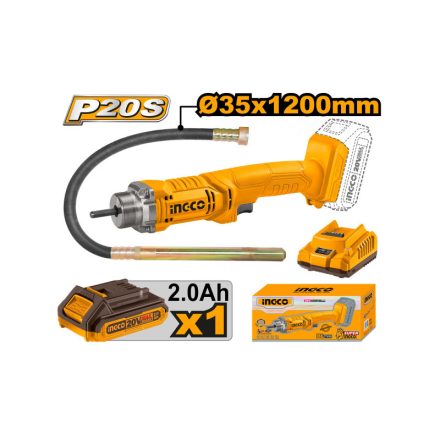 INGCO Akku-Betonverdichter Rüttelflasche 1,2 m 20 V (1 x 2,0 Ah Akku + Ladegerät)