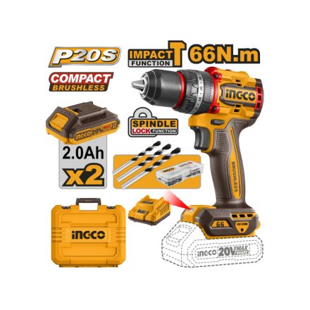 INGCO Akku-Schlagbohrschrauber 66 Nm bürstenlos 20 V (2 x 2,0 Ah Akku + Ladegerät)