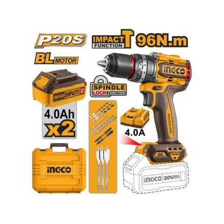 INGCO Akku-Schlagbohrschrauber 96 Nm bürstenlos 20 V (2 x 4,0 Ah Akku + Ladegerät)