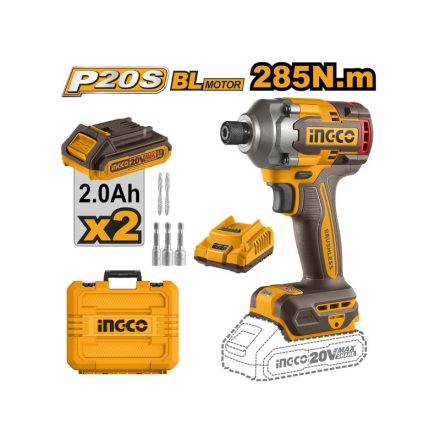 INGCO Akku-Schlagschrauber 1/4" 285 Nm bürstenlos 20 V (2 x 2,0 Ah Akku + Ladegerät)