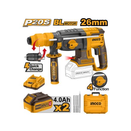 INGCO Akku-Kombihammer 2,5 J SDS-Plus bürstenlos 20 V (2 x 4,0 Ah Akku + Ladegerät)