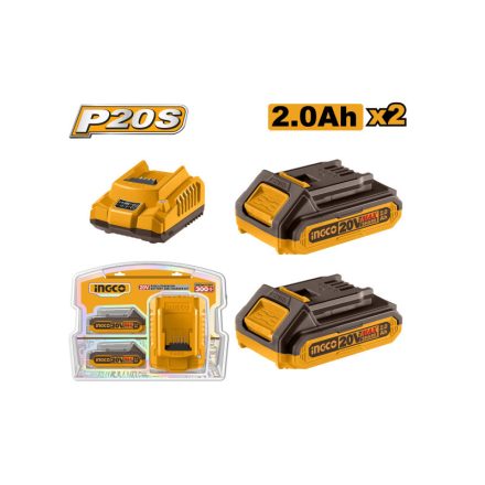 INGCO Akku und Ladegerät Set 20 V (2 x 2,0 Ah Akku + 2,0 A Ladegerät)