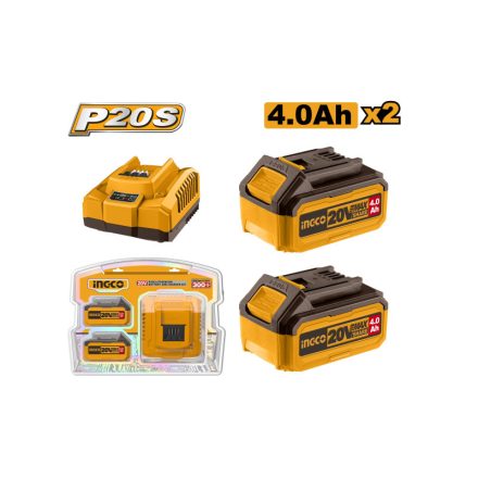 INGCO Akku und Ladegerät Set 20 V (2 x 4,0 Ah Akku + 4,0 A Ladegerät)