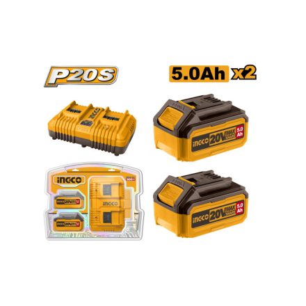 INGCO Akku- und Ladegerät-Set 20 V (2 x 5,0 Ah Akku + 8,0 A Doppelladegerät)