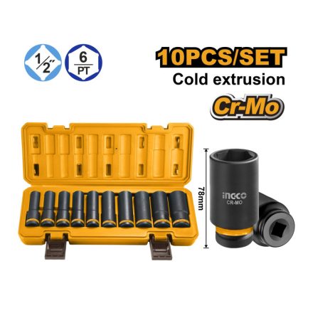 INGCO Maschinen-Steckschlüsselsatz 10-teilig 1/2" 10-24 mm CrMo