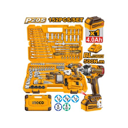 INGCO Akku-Schlagschrauber 500 Nm bürstenlos 20 V (1 x 4,0 Ah Akku + Ladegerät) + 149 tlg. Werkzeugset