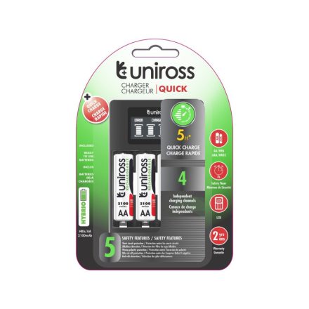 UNIROSS Kompakt-Schnellladegerät + 4 AA/Bleistiftbatterien 1,2 V 2100 mAh