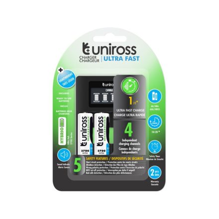 UNIROSS-Prozessor-Schnellladegerät + 4 AA-/Bleistiftbatterien 1,2 V 2700 mAh