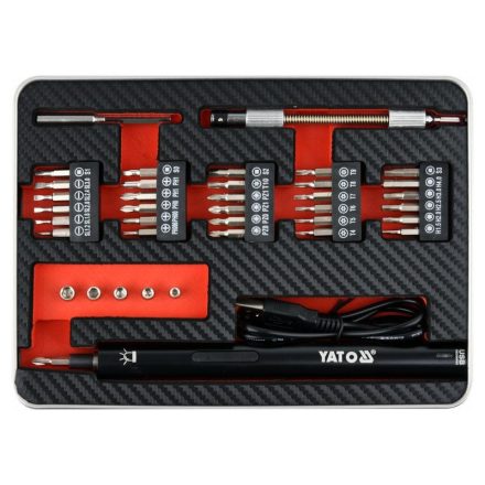 YATO Akku-Präzisionsschraubendreher und Bit-Set 39-teilig 3,6 V Li-Ion (0,45 Ah Akku + Ladekabel).