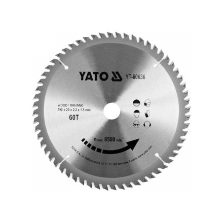 YATO Kreissägeblatt für Holz 190 x 20 x 1,5 mm / 60T